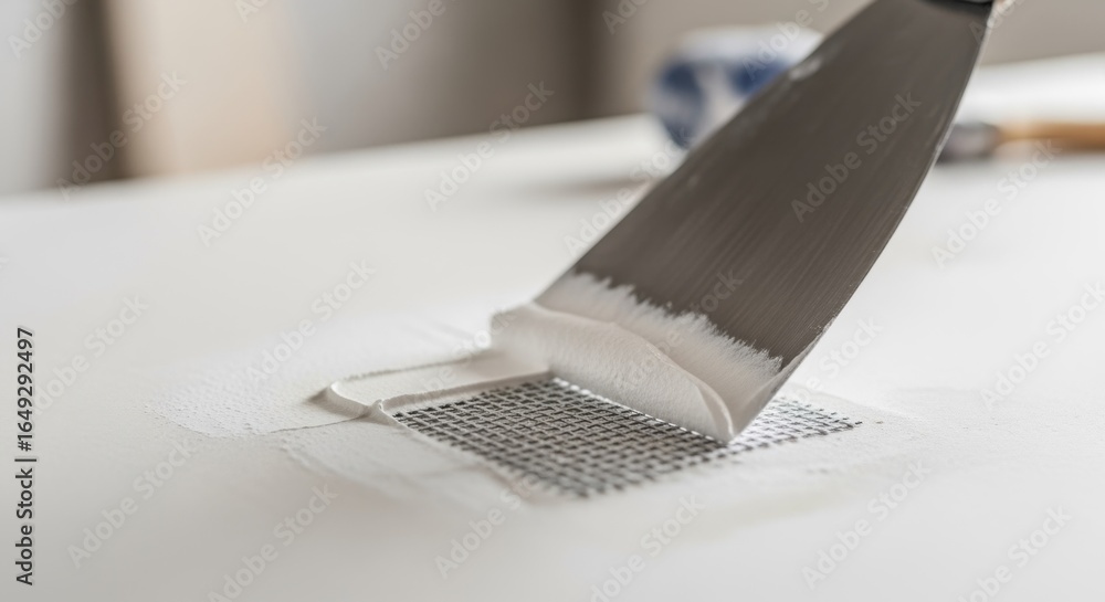 Poster using a putty knife to spread repair compound over a mesh patch reinforcing a tiny drywall hole for 