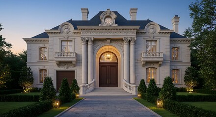Fototapeta premium Contemporary France home exterior boasting opulent mansion with grand entrance and marble exteriors