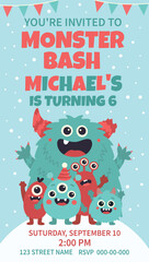 Vector invitation to a kids party Monster Bash with cute bright funny monsters, fireworks and confetti on a blue sky background. Vertical format. Ideal for a birthday