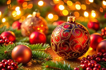 Ornate Christmas Ornament with Red Baubles & Candlelight - Festive Holiday Decoration