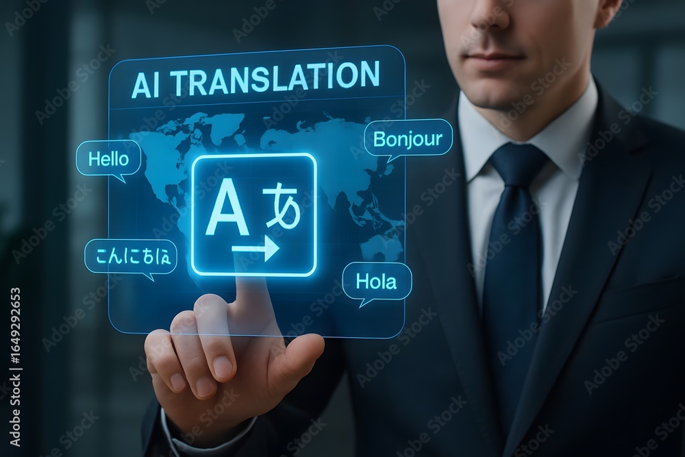 Poster man touching a holographic interface showcasing ai translation technology.