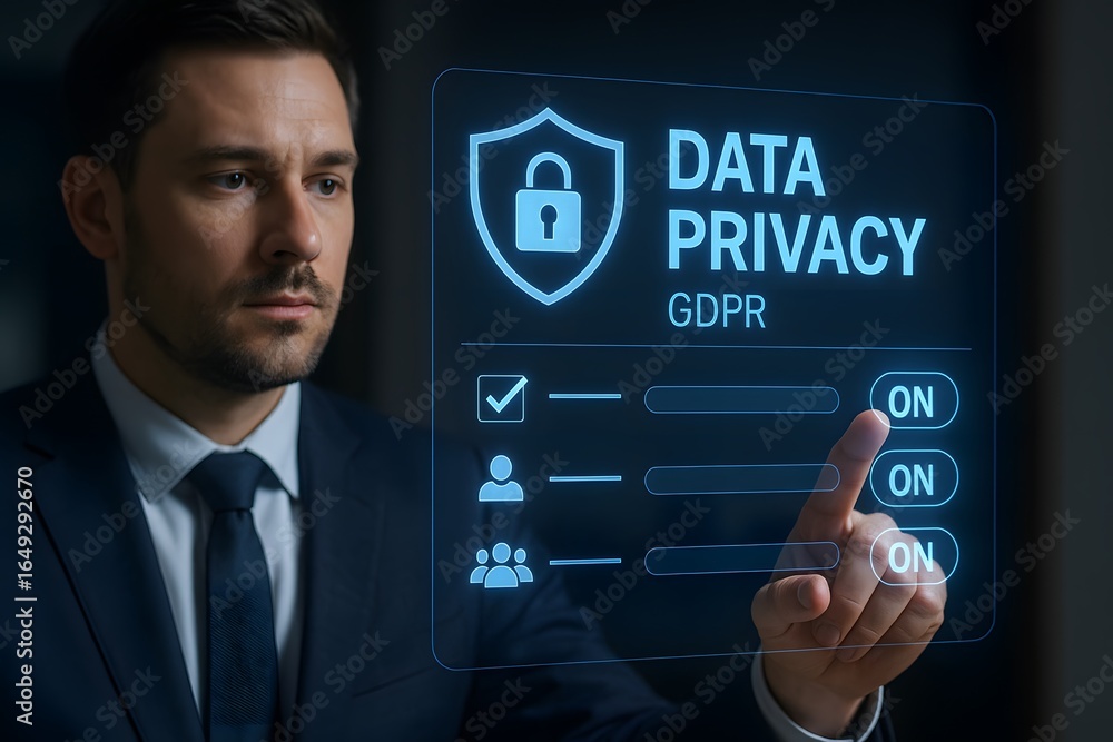 Poster a businessman interacts with a digital data privacy interface.
