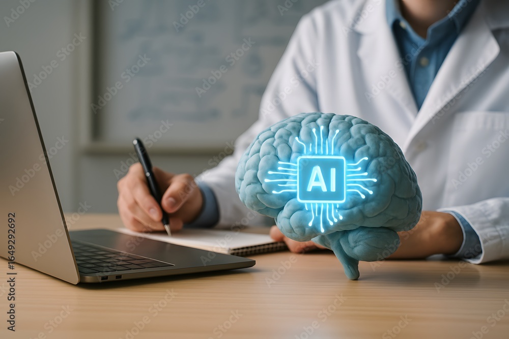 Poster a scientist analyzing a digital representation of the human brain, symbolizing the intersection of a