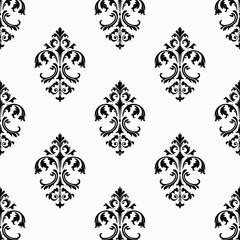 Black damask floral pattern on white background ornamental