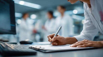 Medium shot of a professional annotating medical billing records on a desktop with indistinct lab team members in the background emphasizing workflow focus.