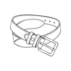 Black and white outline vector illustration of a coiled leather belt with buckle, isolated on white background, fashion accessory concept.