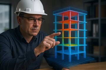 A man, an architect, wearing safety helmet, analyzes the building model. 