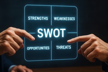 SWOT analysis diagram with fingers pointing at each section. 