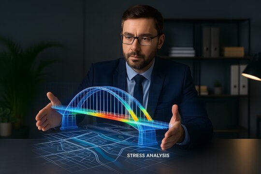 A professional person working with a bridge stress analysis hologram. 