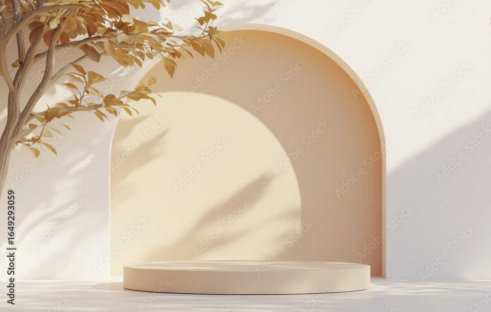 Poster simple beige podium is set against soft, curved arch with gentle shadows from nearby tree, creating 
