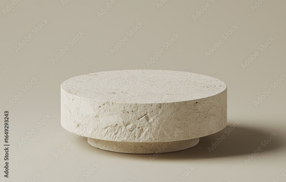 Poster simple beige podium with textured stone surface is set against neutral background, ideal for product