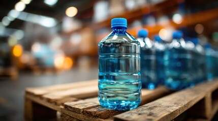 Bottled water placed on wooden pallet in a warehouse setting showing logistics and distribution process