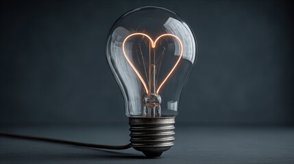 Classic light bulb with heart-shaped filament glowing warmly in a dimly lit setting