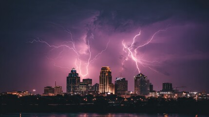 Fototapeta premium Urban skyline at night, illuminated by forking lightning against a stormy sky