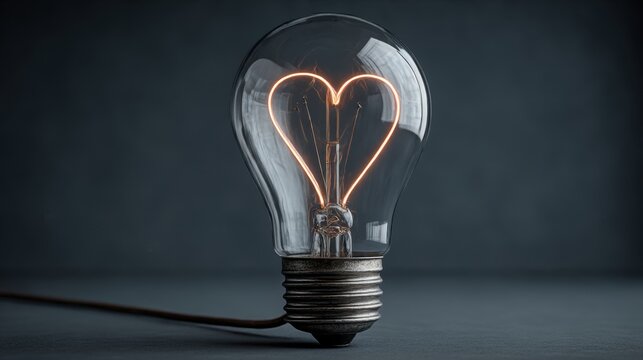 Classic light bulb with heart-shaped filament glowing warmly in a dimly lit setting