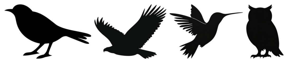 PNG Silhouettes of diverse bird species, element set on transparent background