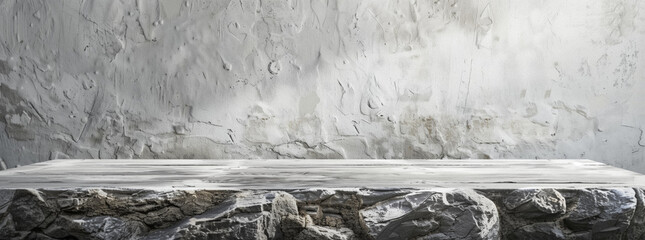 Textured white wooden table stands against rough, plastered wall, creating rustic and minimalist backdrop. natural textures and neutral tones evoke sense of calm and simplicity