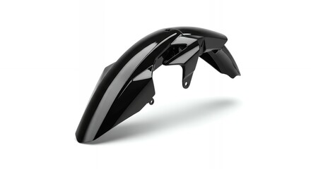 Obraz premium Glossy black motorcycle front fender with integrated mudguard plastic component isolated on white background for automotive parts retail