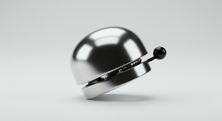 Polished chrome bicycle bell tilted angle with black striker mechanism on white background for bike safety equipment product photography