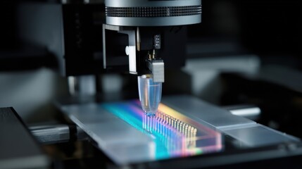 The compact microprinter in action with a stream of vaccine droplets being printed onto a flexible substrate illuminating the essential process of creating personalized vaccine doses