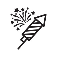 Black and white vector illustration of a firework rocket exploding with stars and dots, a festive icon for celebration.