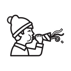 Black and white line art illustration of a person wearing a winter hat and blowing a festive party horn, with confetti.