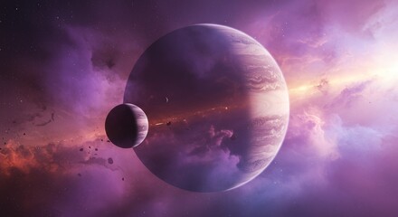 Celestial view of an exoplanet and its satellite bathed in the light of a distant star within a colorful nebula