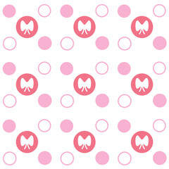 Seamless pink bow dot pattern and circles on white background.
