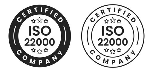 ISO 22000 certified food safety management system label stamp badge, seal emblem icon, quality, assurance, standard compliance, guarantee, approval mark vector illustration