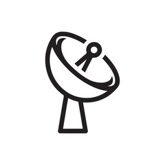 Simple black and white line icon illustration of a satellite dish, representing technology and communication.