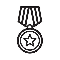 Award medal icon with star and striped ribbon, simple black and white line art vector illustration.