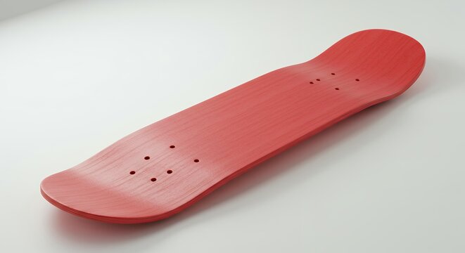 Coral red stained wooden skateboard deck blank with natural wood grain texture and mounting holes on white background