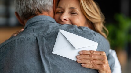 A joyful senior woman hands an envelope to her husband as they share a loving moment together at home