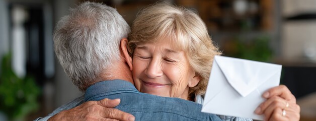 A joyful senior woman hands an envelope to her husband as they share a loving moment together at home