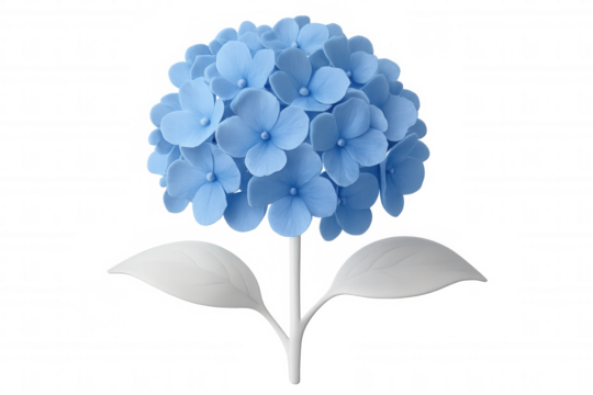 3d rendering blue hydrangea flower, white stem, transparent backdrop, pristine botanical digital illustration for design projects