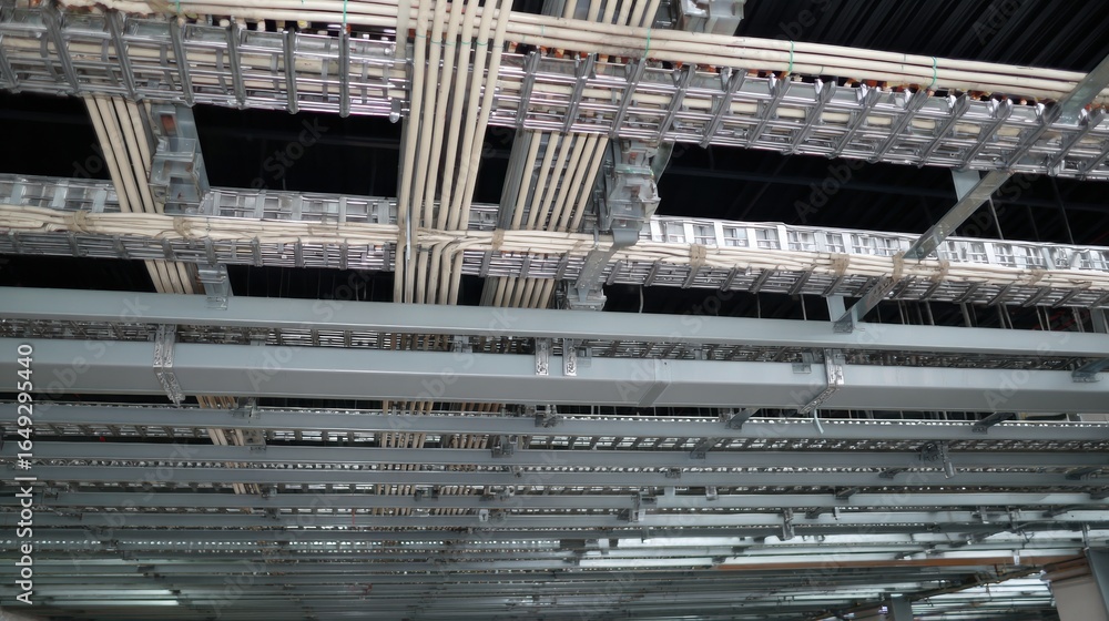 Poster ceiling view of conveyor network grid showcasing tidy arrangement of cables and wiring. intricate de