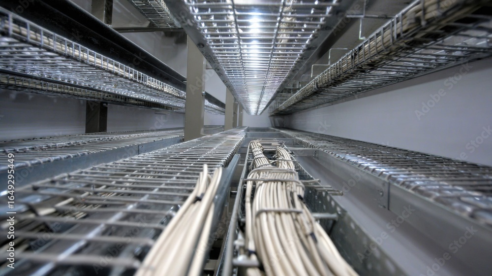 Poster ceiling view of conveyor network grid showcasing tidy cable management with organized wiring. high f