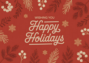Elegant red background with golden festive holiday greetings and botanical elements