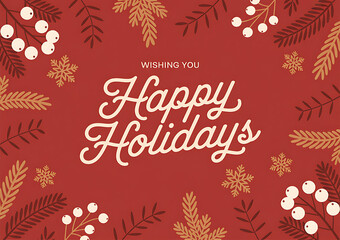 Festive happy holidays greeting card with winter foliage and berries on a red background