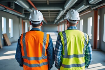 Two Construction Workers Walking, professional team on a site, urban development.