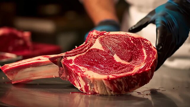 Chef hands shaping heart from raw juicy fresh ribeye meat steak concept.