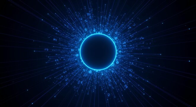 Glowing blue neon circle portal with radiating light beams and digital particle effects on dark background, cybersecurity technology abstract visualization concept
