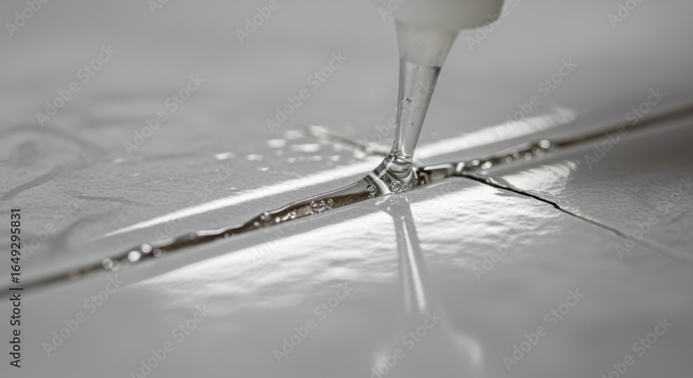 Poster ultra macro perspective on epoxy filling a subtle tile tile crack showcasing the precision needed fo