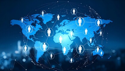 Digital world map with interconnected human icons, glowing blue lines representing global communication and social networking.