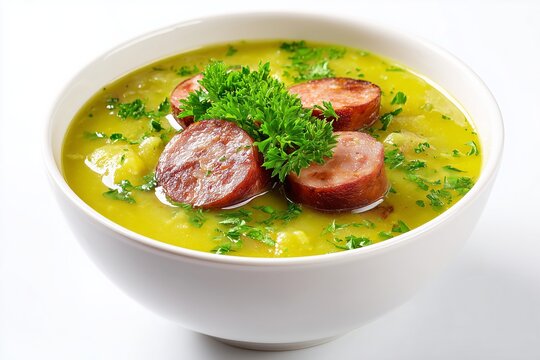 Dutch pea soup with smoked sausage on white background  
