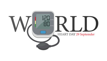 World Heart Day concept illustration with blood pressure monitor and text showing date 29 September. Ideal for cardiovascular health campaigns and medical awareness designs.
