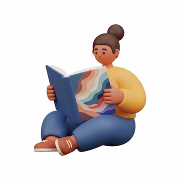3D cartoon of a woman sitting and reading a book with colorful pages.