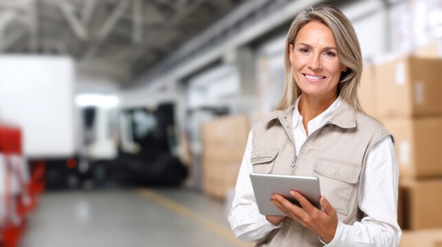 Female warehouse supervisor is smiling while holding tablet in busy warehouse environment. She appears confident and engaged, overseeing operations with professional demeanor - Powered by Adobe