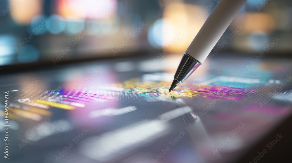 Poster close up of a stylus pen pointing at a colorful financial chart displayed on a digital tablet screen