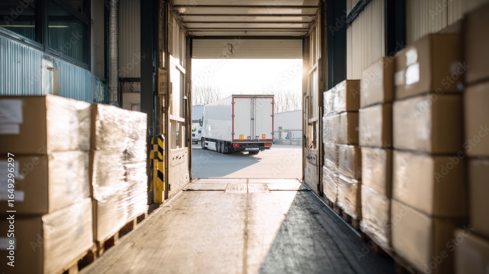 Poster loading dock with truck preparing to depart, surrounded by stacked cardboard boxes. scene conveys se